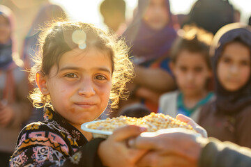 Young girl with dark hair, wearing colorful traditional clothing, holds a plate of food, food distribution scene in a Middle Eastern refugee camp, humanity, resilience and community support concept