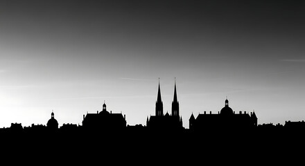 Fototapeta premium Black-and-white silhouette illustration of the Dijon, France skyline, featuring iconic cityscape outlines, historic architectural landmarks, and minimalist metropolitan contours for travel and design 