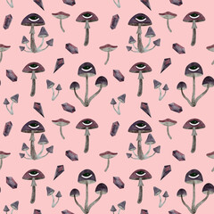 Watercolor seamless pattern with whimsical pink-purple magical mushrooms with eyes and amethyst crystals on a soft pink background.