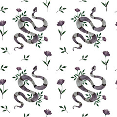 Fototapeta premium Watercolor seamless pattern featuring a whimsical lilac striped snake and delicate purple flowers on a crisp white background.