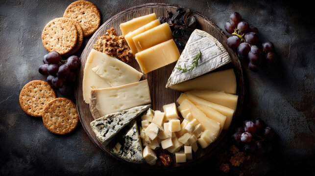 An appetizing assortment of various cheese varieties, grapes, and crackers displayed on a wooden board - Powered by Adobe