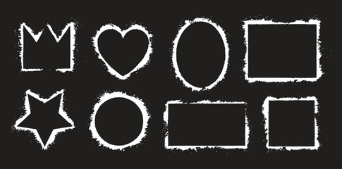 Grunge chalk shape frames create bold hand-drawn design accents. Rough textured outlines add dynamic style to creative layouts. Unique sketch borders enhance modern graphic projects.