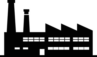 Black silhouette icon of a factory building with smokestacks isolated on