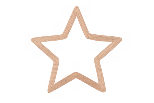 Five-pointed wooden star outline isolated on transparent background symbolizing excellence, success and quality