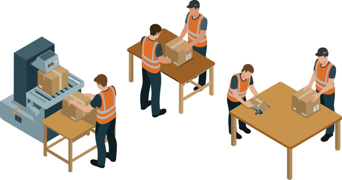 Isometric warehouse packaging scene with workers assembling cardboard boxes using packing machine logistics fulfillment process shipping preparation illustration design