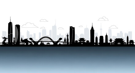 Obraz premium Vector illustration of the Da Nang skyline featuring Vietnam city silhouette, iconic urban landmarks, and minimalist metropolitan outlines for travel, design, and promotional graphics