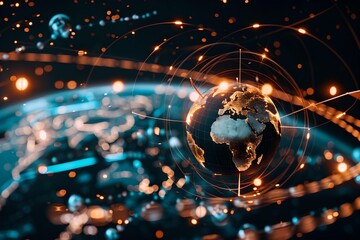 Digital globe illustration showcasing interconnected global networks with glowing lines and particles, representing technology, communication and the modern digital landscape