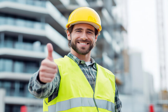 Smiling engineer wearing safety vest and helmet giving thumbs up at construction site, positive professional portrait