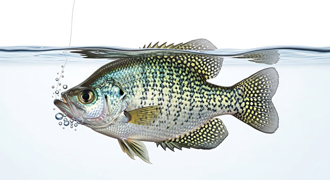 High-quality illustration of a crappie fish for freshwater angling, displayed on a white background, showcasing detailed scales, fins, and realistic aquatic features for fishing graphics