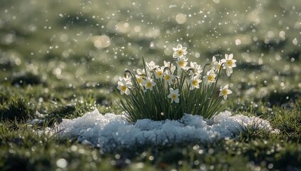 Daffodils Bloom Among Melting Snow in a Sunny Spring Afternoon Garden Scene