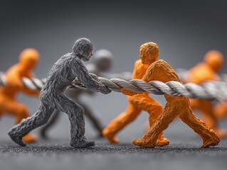 Dynamic tug of war representing competition and teamwork, grey versus orange figures pulling rope, symbolizing business strength and strategic challenge