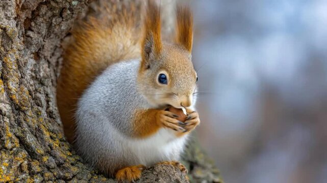 A charming close-up captures a wild squirrel perched securely on a textured tree trunk, meticulously holding and nibbling on a shelled nut with its tiny, agile paws. Its vibrant reddish-brown fur, acc