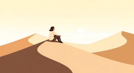 Minimalist Illustration of a Woman Sitting on a Desert Dune Contemplative Pose.