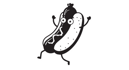 Playful cartoon hotdog character dancing with arms and legs.