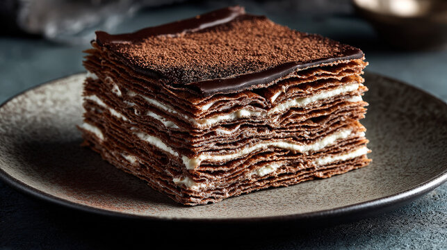 A delicious chocolate crepe cake, a layered dessert with a rich and decadent appearance, served on a plate