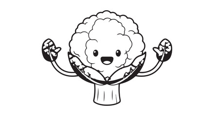 Cheerful muscular broccoli cartoon character flexing arms in a playful kitchen scene.