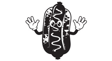 Playful cartoon hotdog character with glasses and raised arms, vibrant food illustration.