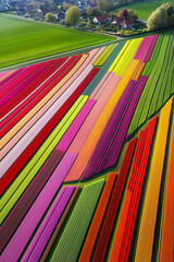 A breathtaking view of tulip fields, showcasing bright colors and intricate patterns in the landscape