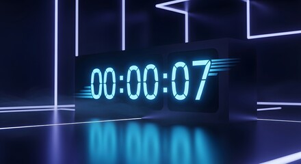 Digital countdown timer displaying seconds against a futuristic, neon-lit, abstract background.