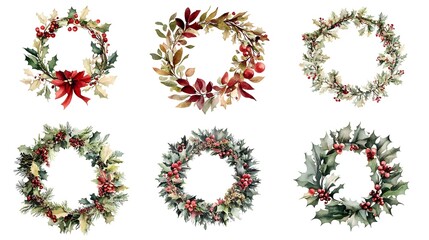 Collection of six watercolor style festive wreaths featuring evergreen foliage and bright berries