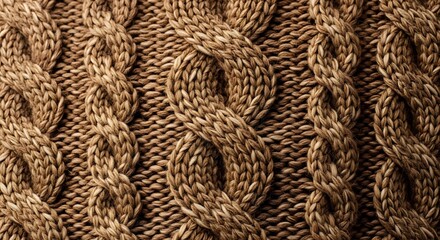 Close-up of a brown knitted fabric with a complex cable pattern, showcasing texture and detail.