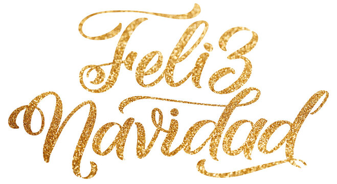 Spanish Merry Christmas inscription on transparent background. Feliz Navidad. Festive Sparkling Metal Glitter Lettering. Golden Holiday