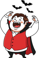 Cartoon Vampire Character with Cape and Fangs, Halloween Costume Illustration, Joyful Expression, Flying Bats, Spooky Fun for Kids Design