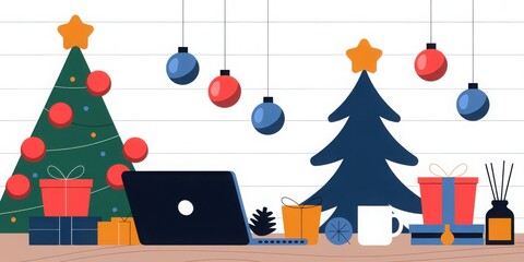 Festive home office workspace with laptop and christmas decor