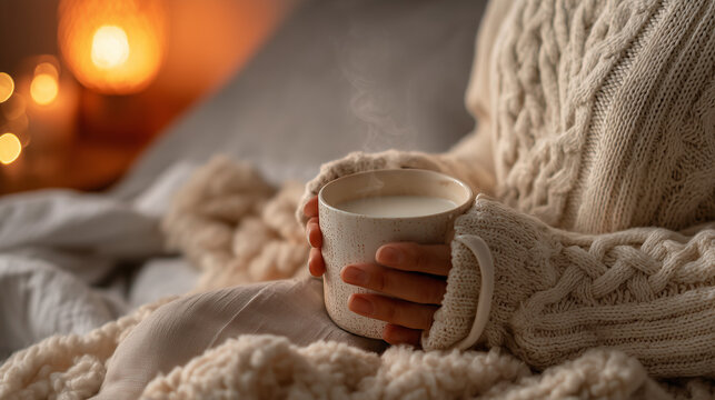白いケーブルニットのセーターを着て温かいマグカップを持つ女性の手、冬のリラックスタイム