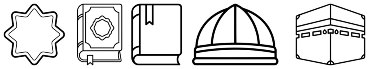 Islamic religion line icons set including Kaaba Quran book and geometric star symbol vector illustration