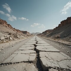 Earthquake Devastation - Cracked Road and Damaged Buildings After Seismic Activity. 
