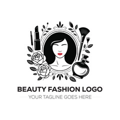 Beauty Fashion Logo with Woman Face and Makeup Elements