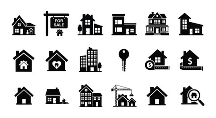 Real estate icons depicting houses keys sales and property investment options
