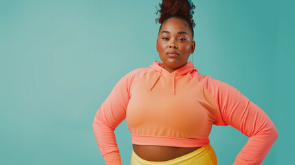 A confident plus-size woman in activewear, showcasing body positivity and empowerment against a vibrant backdrop