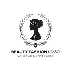 Beauty Fashion Logo with Woman Silhouette and Laurel Wreath