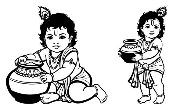 Cute baby krishna with butter pot in two poses line art vector illustration