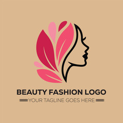Elegant Beauty Fashion Logo with Woman Silhouette and Pink Leaf Design