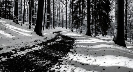 Dark winding forest path covered by winter snow