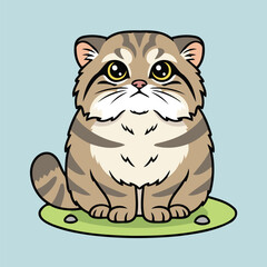 Cute Pallas’s Cat Sitting on Grass Fluffy Wild Cat Character Vector Illustration