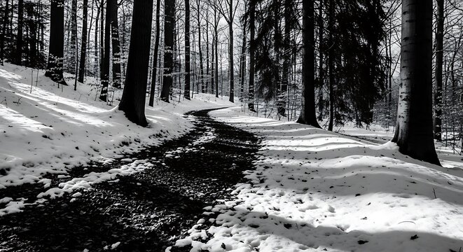 Dark winding forest path covered by winter snow - Powered by Adobe