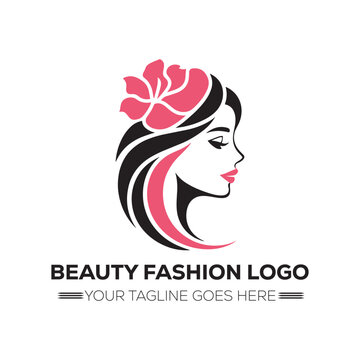 Beauty Fashion Logo with Elegant Woman and Floral Hair Design