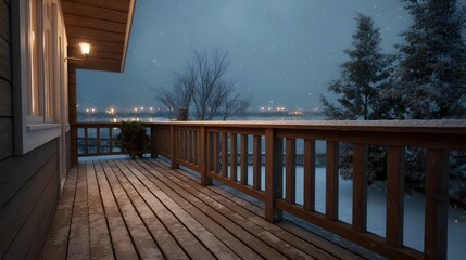 A serene wooden deck overlooking a snowy landscape at dusk with falling snow and distant lights