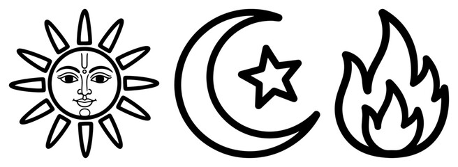 Fototapeta premium Sun moon and fire spiritual symbols line art vector illustration