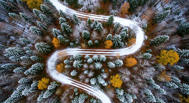 Aerial view of winding road through snowy autumn forest - Powered by Adobe