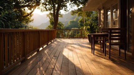 Fototapeta premium A wooden terrace with furniture is bathed in the warm light of the golden hour overlooking a scenic natural landscape