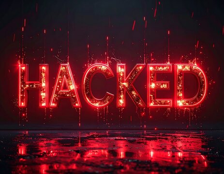 Illuminated red "HACKED" text against a dark background, reflecting below