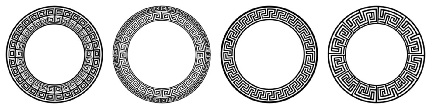 Set of circular Greek key frames Vector black and white illustration of ancient meander geometric borders or patterns