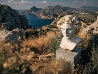 Ancient Greek marble bust overlooking stunning Mediterranean coast, evokes timeless beauty and historical significance for travel and cultural exploration