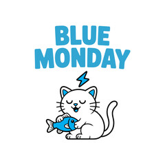 Cute Cat Holding Fish – Blue Monday Sad Mood Illustration