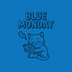 Cute Blue Monday Cat Illustration Holding Fish – Sad Cartoon Mood Concept